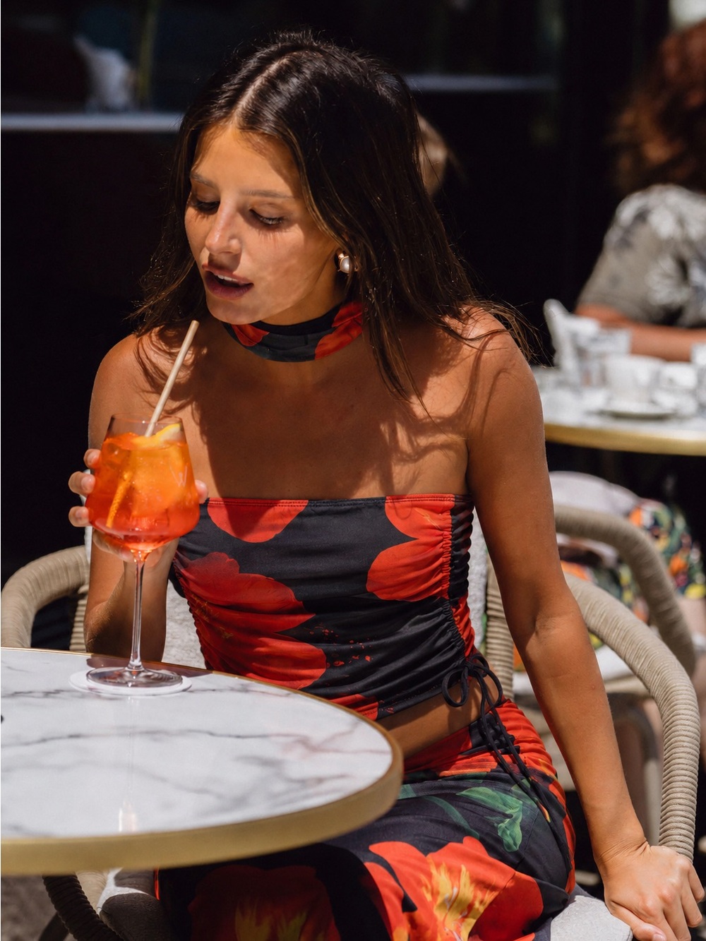 Black Red Floral Ruched Tube Top XS Y2K Mesh Side Tie Going Out Crop